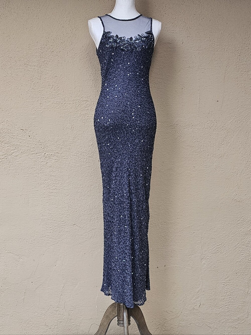Vintage Stenay 100% Silk Bodycon Slip on Handbeaded Floor Length Dress Size 10